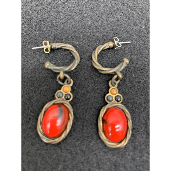 Red Coral Half Hoop, Post Style Earrings (pair)   Red, Metal   Metal, Red Coral - Picture 5 of 6